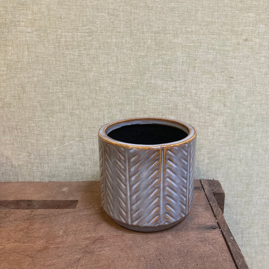 Ceramic Pot - Ochre Blue Glaze Herringbone