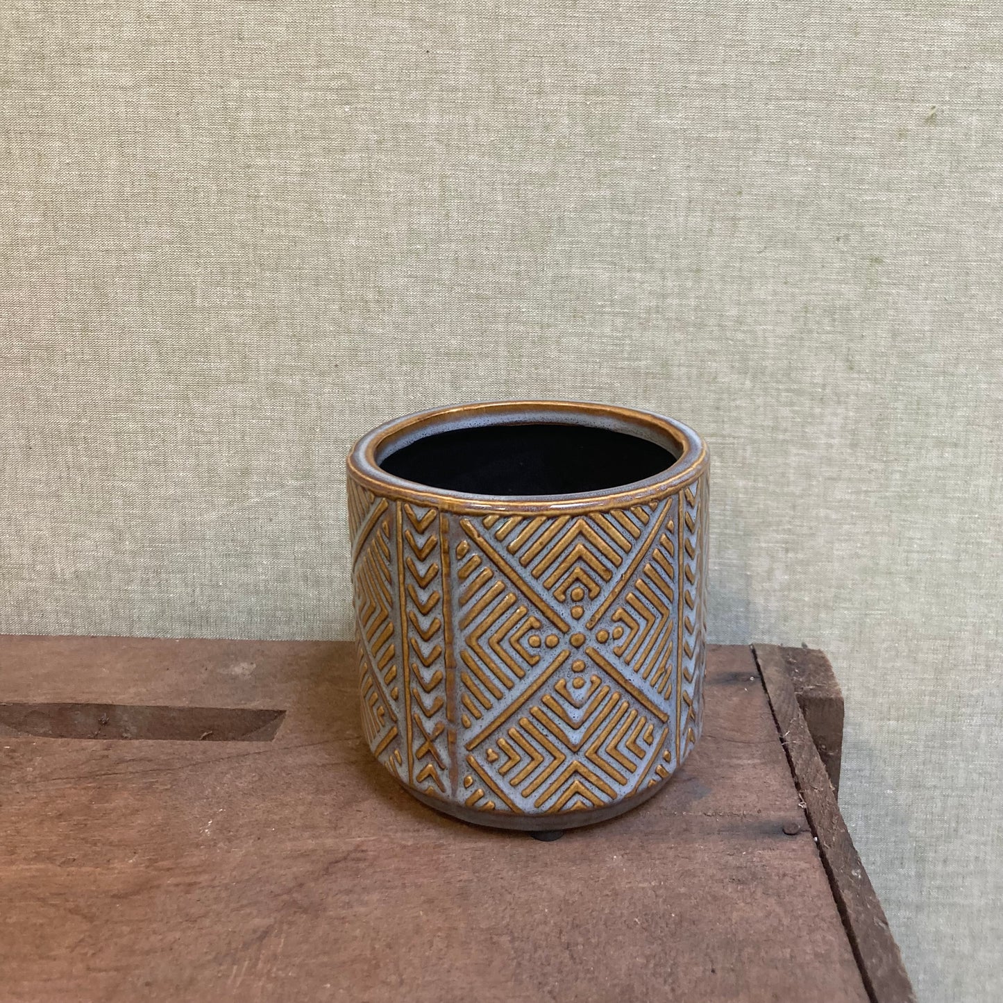 Ceramic Pot - Ochre Blue Glaze Quilt