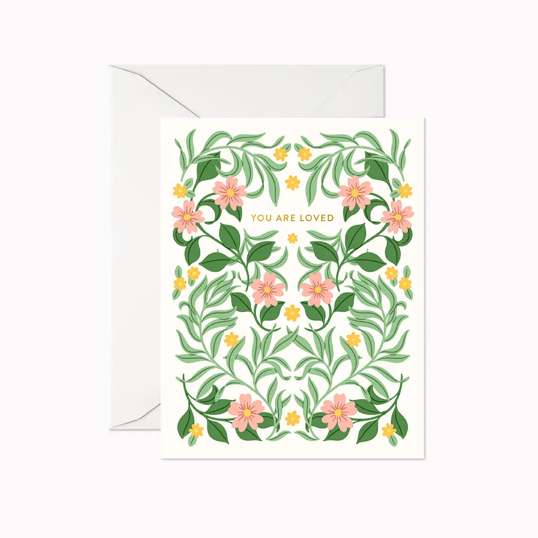 Card:  You Are Loved - Leaves and Pink Flowers